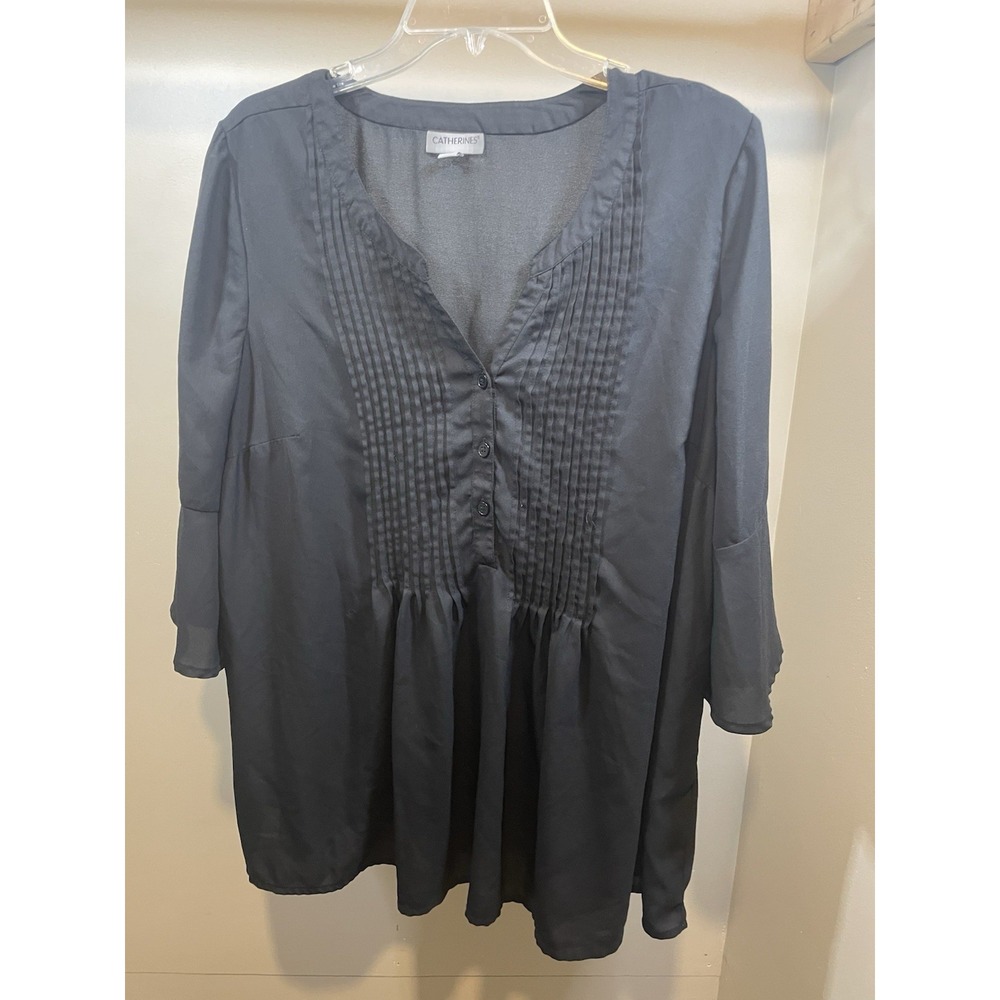 Catherines Black Pleated V Neck Flare Sleeve Oversized Top Blouse Size 0X Office